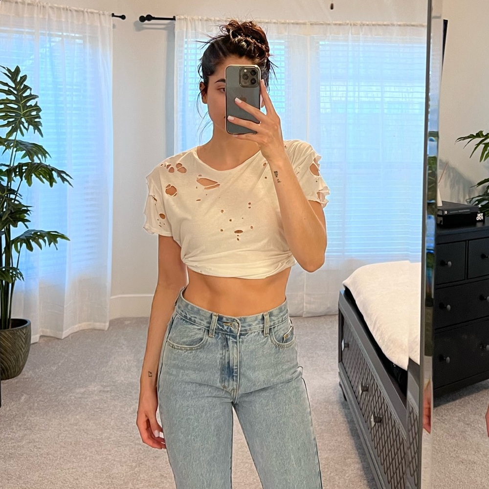 Distressed white tee